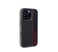 Audi Funda deportiva para teléfono móvil, compatible con iPhone 16 Pro, funda que absorbe los golpes con carbono, con orificios precisos para cámara, puertos y botones - Negro con detalles rojos