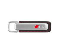 Audi Llavero RS, Plata/Negro, Metal y Cuero Valcona, Diseño Original, Costuras en Contraste Rojo, Logo RS y Aros Relieve, Fabricado en Alemania, 87 x 23 x 7 mm