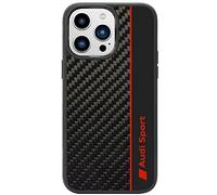 Audi Sport Funda iPhone 14 Pro Max - Funda protectora que absorbe los golpes, material de fibra de carbono - Diseñada con recortes precisos para la cámara, puertos y botones - Negra con detalles rojos