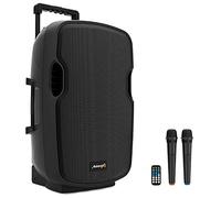 Audibax Denver 15 Altavoz Activo PA 15 con Bateria, Ruedas + 2 Micros Inalambricos Mano