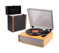 Audizio Laredo - Pack Tocadiscos de Vinilo Bluetooth con Altavoces HiFi 160W, cápsula Audio Technica y Plato 29 cm + Maleta para vinilos RC37 para 30-35 Discos, Acabado en bambú