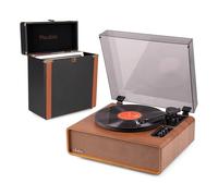 Audizio Laredo - Pack Tocadiscos de Vinilo Bluetooth con Altavoces HiFi 160W, cápsula Audio Technica y Plato 29 cm + Maleta para vinilos RC37 para 30-35 Discos, Acabado en Madera