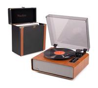 Audizio Laredo - Pack Tocadiscos de Vinilo Bluetooth con Altavoces HiFi 160W, cápsula Audio Technica y Plato 29 cm + Maleta para vinilos RC37 para 30-35 Discos, Acabado en Madera Oscura
