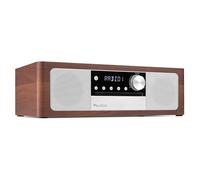 Audizio Lunata - Radio Dab+ y FM con Reproductor de CD, Bluetooth 5.3 y Potencia de 100W, Sistema Multimedia con HDMI ARC, USB y Altavoces estéreo, Acabado en Madera Oscura con Frontal Plateado