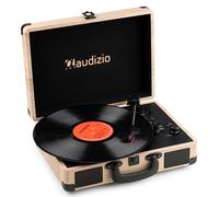 Audizio RP116LW - Tocadiscos portátil Acabado marrón Claro 3 velocidades | Bluetooth bidireccional y USB incorporados, altavoces integrados y diseño portátil, perfecto para salones y espacios retro