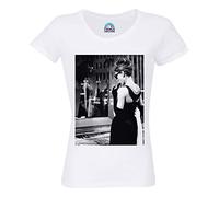Audrey Hepburn - Camiseta para mujer, cuello redondo, algodón orgánico, imagen retro actriz Hollywood, blanco, L