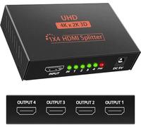 AUELEK Divisor HDMI 1 IN 4 OUT 3D 4K 1080P Divisor distribuidor HDMI 1 x 4 HDCP 1.4 Amplificador de distribución HDMI con cable USB Compatible con PC PS3 HDTV Proyector Blu-ray DVD etc…