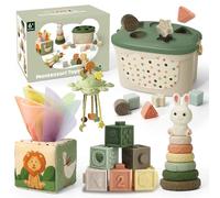 Auezona 5 en 1 Juguetes Montessori Bebes 6-12 Meses - Caja Pañuelos Bebe, Clasificación y Apilamiento de Formas, Mordedor Sensorial | Regalos para Bebés Montessori 7 8 9 Meses