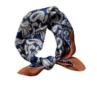 Aufeel - Pañuelo cuadrado pequeño, de seda natural 100%, para mujer, 53 cm, ligero, para cuello o pelo, estampado, en paquete regalo, Azul oscuro marrón, S