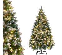 AufuN Árbol de Navidad artificial con iluminación, 210 cm, de pino artificial con nieve y piñas, pino noble de montaje rápido, incluye soporte para árbol de Navidad