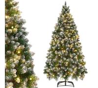 Aufun Árbol de Navidad artificial con iluminación, color blanco cálido, incluye soporte de metal, PVC, para decoración navideña, reutilizable, efecto nieve + piñas + LED, 240 cm