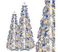 Aufun Árbol de Navidad artificial de 150 cm en espiral con 100 LED, árbol de Navidad artificial plegable con bolas de Navidad, punta en forma de estrella, decoración navideña para casa y tienda (Azul