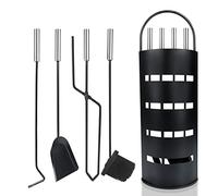 Aufun Juego de chimenea de 5 piezas de acero inoxidable，negro | Juego de chimenea que incluye escoba,pala,atizador,tenazas y soporte con pantalla de privacidad,negro