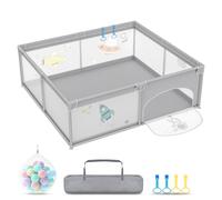 Aufun Parque infantil de tela Oxford 300D, con barrera de espuma anticolisión, pelotas, anillos de tracción, red transpirable, cremallera, parque infantil para interiores (gris, 180 x 200 cm)