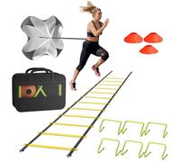 AufuN Set de entrenamiento de fútbol, equipo de entrenamiento para todos los deportes, 6 obstáculos ajustables, 12 conos para slalom, escalera de agilidad, resistencia paracaídas, incluye bolsa de