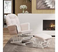 Augerqir Sillón mecedora con taburete de tela rosa claro y madera de caucho deslizante para sala de estar, dormitorio, habitación de bebé, relajarse, lactancia, lectura, reposabrazos cómodo, silla de
