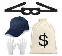 Augesak 4 Pcs Accesorios Disfraz Ladrones, Gorra+Antifaz de Bandido+Guantes+Bolsas, Disfraz Ladrón Accesorios Cosply para Carnaval Fiesta