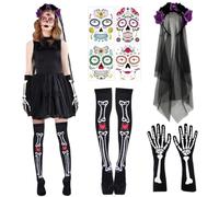 Augesak Diadema Catrina con Velo, Diadema Dia De Los Muertos, Muslo Alto Esqueleto Calcetines, Guantes Esqueleto, Tatuajes Temporales Halloween, Día los Muertos Accesorios para Mujere