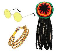 Augesak Disfraz Bob Marley,Conjunto Disfraz Jamaica 3 Piezas con Gafas Amarillas,Peluca Rastas jamaicanas,Sombrero Reggae,Sombrero Rasta,para Carnaval,Disfraces Halloween