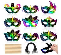 AUGSUN Mardi Gras Crafts, 36 máscaras arcoíris para rascar para fiestas de Mardi Gras, arte mágico de papel para rascar para niños, carnaval, mascarada, disfraces, disfraces, tarjetas para rascar