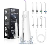 AUIEI Jet Dental Hydropulsor Portable Water Flosser, irrigador oral 5 modos y 8 boquillas, tanque de 300 ml, USB cargado, impermeable IPX7, apto para gencia sensible, blanco