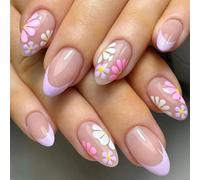 Auiremrti Press On Nails Set - Juego de 24 uñas postizas para manicura francesa, con diseño floral, incluye lima de uñas, bastoncillos, pegamento de gelatina, pegamento para uñas