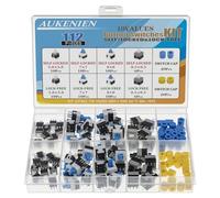 AUKENIEN 10Valores 112Piezas DPDT Micro Interruptor Autobloqueo y Interruptores Pulsador Momentaneo Tactil Kit 6 Pines 5,8x5,8MM 7x7MM 8x8MM 8,5x8,5MM con Tapa de Botón