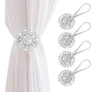 AULEEP Alzapaños magnéticos para Cortinas, Paquete de 4 alzapaños de Metal Modernos, para Uso en Interiores y Exteriores, Clips Decorativos con Hebilla con Cuentas de Flores de Cristal para Cortinas