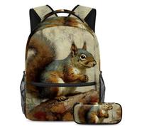 Aumenta tu confianza con el moderno juego de 2 mochilas escolares, patrón de ardilla vintage, Multicolor#08, B：29.4x20x40cm P：19x7.5x3.8cm, Mochilas de día