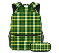 Aumenta tu confianza con el moderno juego de mochila escolar de 2 piezas, color verde retro a cuadros, Multicolor#05, B：29.4x20x40cm P：19x7.5x3.8cm, Mochilas de día