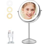 AumVum Espejo de maquillaje de 8 pulgadas con iluminación, 1 x 10 unidades, espejo de mesa de doble cara, recargable por USB, 3 colores claros y regulable, giratorio 360° para maquillaje, afeitado y