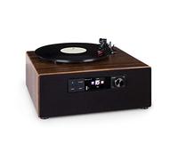 auna Connect Vinyl Cube - Tocadiscos, 40 W de Potencia máxima, Altavoz Integrado, Radio Inteligente: Internet/Dab+/FM, Tocadiscos de 33/45/78 RPM, Bluetooth, Puerto USB, Control por App, marrón