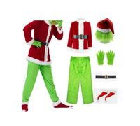 Aunaeyw Christmas Costume Set Santa Claus Hat Top Boots Green Hair Monster Mask Gloves Cosplay Costume How Stole Christmas Costume Set - Including Mask Xmas Funny Cosplay Costume Props (Red-1, M)