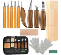 Aundhegrtt Juego Herramientas para Trabajar Madera 23 Piezas, Kit para Tallar Madera para Aficionados Bricolaje y Principiantes, Incluye Bloques Madera Tilo y Bolsa Almacenamiento PU