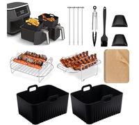 AUNEK Juego de accesorios premium para freidora de aire, 13 piezas para Ninja Dual Zone AF300UK AF400UK forros de silicona, estantes, pinzas, cepillo, guantes, forros de pergamino sin BPA, apto para