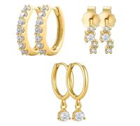 AUNEK Set de 3 Pares de Pendientes de Aro Huggie en Tono Dorado para Mujer, Pequeños Aros Delicados, Pendientes con CZ y Colgantes, Joyería Ligera, en Caja de Regalo