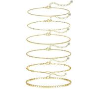 AUNEK Set de Pulseras en Tono Dorado para Mujer, 6 Piezas Ajustables Apilables con Cadenas CZ Tennis, Corazón, Paperclip y Box, Joyería Minimalista e Impermeable, Hipoalergénica, en Caja de Regalo