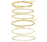 AUNEK Set de Pulseras en Tono Dorado para Mujer, 6 Piezas Ajustables Apilables con Cadenas Paperclip, Cuerda, Box y Más, Joyería Minimalista Impermeable, en Caja de Regalo