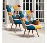 Aunekiv Lot de 2 fauteuils en Patchwork - En Lin - Avec Pieds en Bois massif - Pour Salon, Chambre à Coucher, Coin Lecture - Multicolore