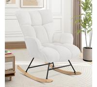 Aunekiv Silla Mecedora de Lactancia y Relax Tapizada de Peluche con Patines de Madera, Silla Balancín Cómoda con Reposabrazos para Salón, Dormitorio y Habitación de Bebé, Blanco