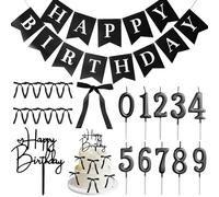 AUNGCSHE 22 Black Happy Birthday Decoracion Tartas Cumpleaños, Velas Cumpleaños Numeros 0-9, Cake Topper, Pancarta Feliz Cumpleaños, 10 Adornos para Tartas Con Lazos, Adecuado para Bodas, Cumpleaños