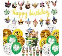 AUNGCSHE 32 Globos Animales de Selva Set, Contienen 16 Globos Animales, 3 Guirnalda Feliz Cumpleaños, 13 Decoracion Tarta de Selva, Para Fiestas Temáticas del Zoológico