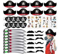 AUNGCSHE 40 Piezas Disfraz Pirata Niño, Sombrero Pirata Niños, Parches Piratas, Complementos Disfraz Pirata, Sombrero Pirata Cumpleaños para 5 6 7 8 9 Años Favores de Fiesta de Cumpleaños