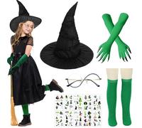 AUNGCSHE 5 piezas de accesorios de bruja para niños, incluye sombrero de bruja para niños, gafas, guantes verdes, calcetines verdes, pegatinas de bruja, para decoración de Halloween, accesorios de