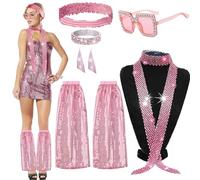 AUNGCSHE 6 Piezas Accesorios Discoteca para Mujer, Incluye Gafas, Diadema, Pulsera, Pendientes, Bufanda y Calentadores, Ideal para Disfraces de Carnaval, Disfraces para Mujer 70s 80s (Rosa)