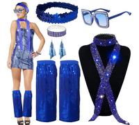 AUNGCSHE 6 Piezas Accesorios Discoteca para Mujer, Incluye Gafas, Diadema, Pulsera, Pendientes, Bufanda y Calentadores, Ideal para Disfraces de Carnaval, Disfraces para Mujer 70s 80s (Azul)