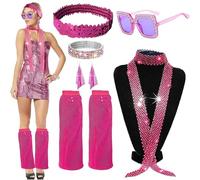 AUNGCSHE 6 Piezas Accesorios Discoteca para Mujer, Incluye Gafas, Diadema, Pulsera, Pendientes, Bufanda y Calentadores, Ideal para Disfraces de Carnaval, Disfraces para Mujer 70s 80s (Fucsia)