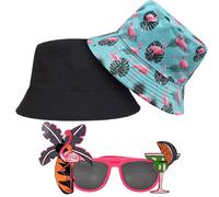 AUNGCSHE Cappello Pescatore Bucket Hat Conjunto con Gafas de Sol Flamenco y Palmera Estilo Hawaiano Accesorios Divertidos para Fiesta Playa Vacaciones y Verano (Azul)