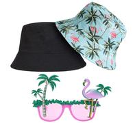 AUNGCSHE Cappello Pescatore Bucket Hat Conjunto con Gafas de Sol Flamenco y Palmera Estilo Hawaiano Accesorios Divertidos para Fiesta Playa Vacaciones y Verano (Azul 4)