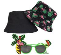 AUNGCSHE Cappello Pescatore Bucket Hat Conjunto con Gafas de Sol Flamenco y Palmera Estilo Hawaiano Accesorios Divertidos para Fiesta Playa Vacaciones y Verano (Negro)